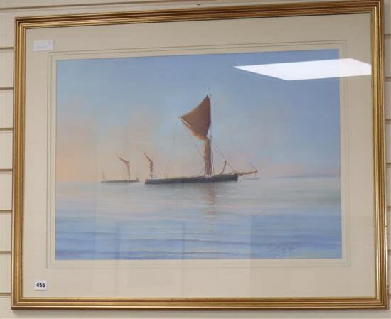 Christien, pastel, Sail barges off the coast, 49 x 68cm, a Victorian watercolour, another watercolour by Russell Thomas, Creek on the